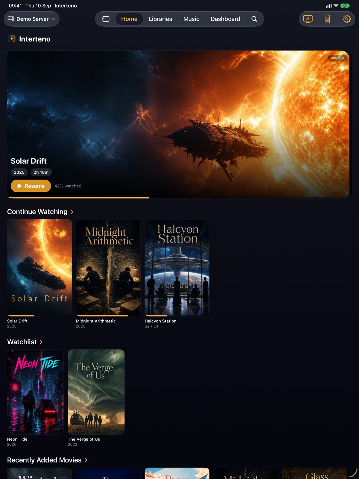 Interteno Home on iPad, showing a featured film and shelves of television, films and music