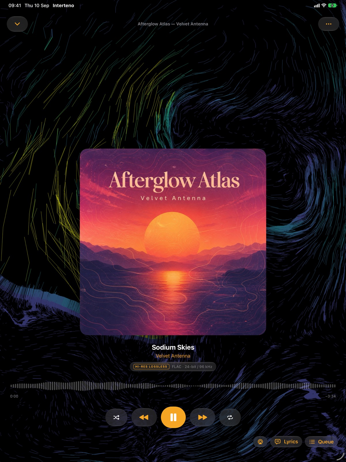 Interteno Now Playing on iPad with album artwork, lyrics and playback controls