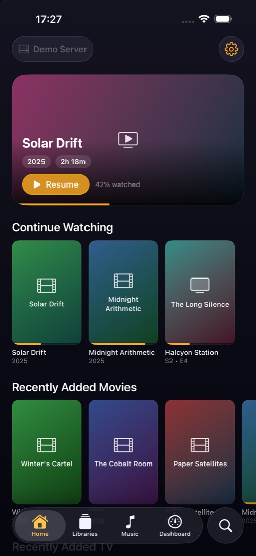 Interteno Home screen showing Continue Watching and Recently Added Movies