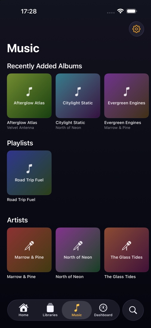 Music home screen with albums and artists