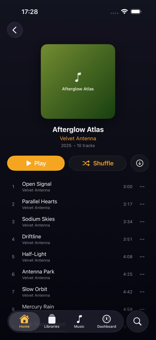 Album detail page with track list