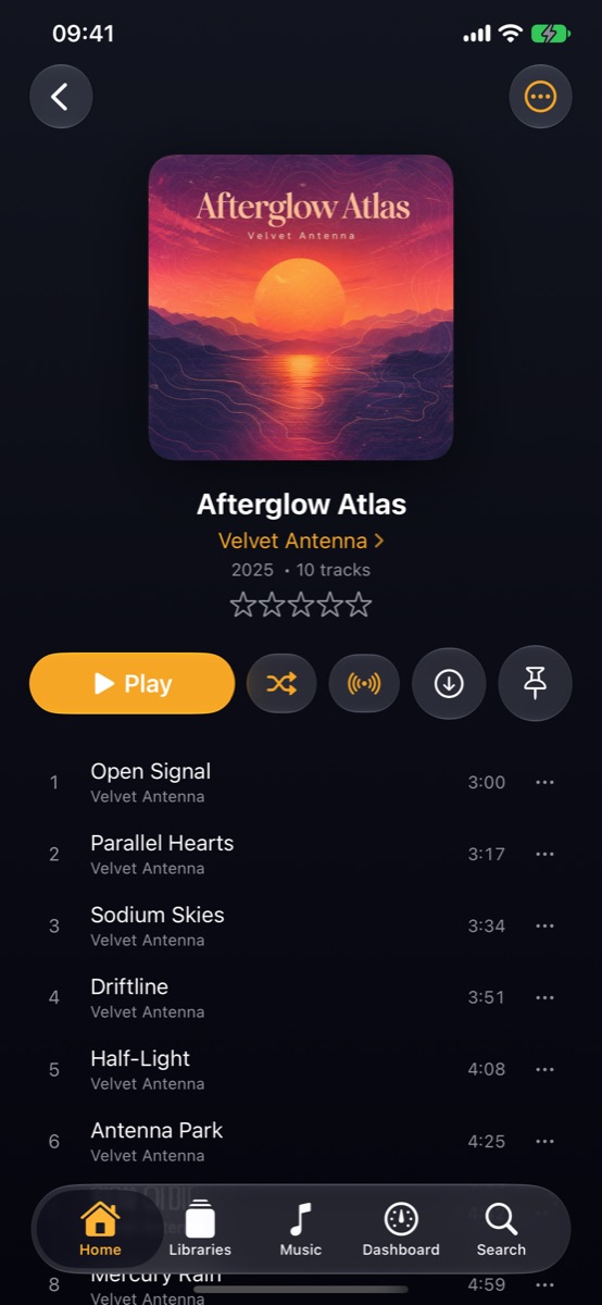 Afterglow Atlas album detail page with artwork and track list