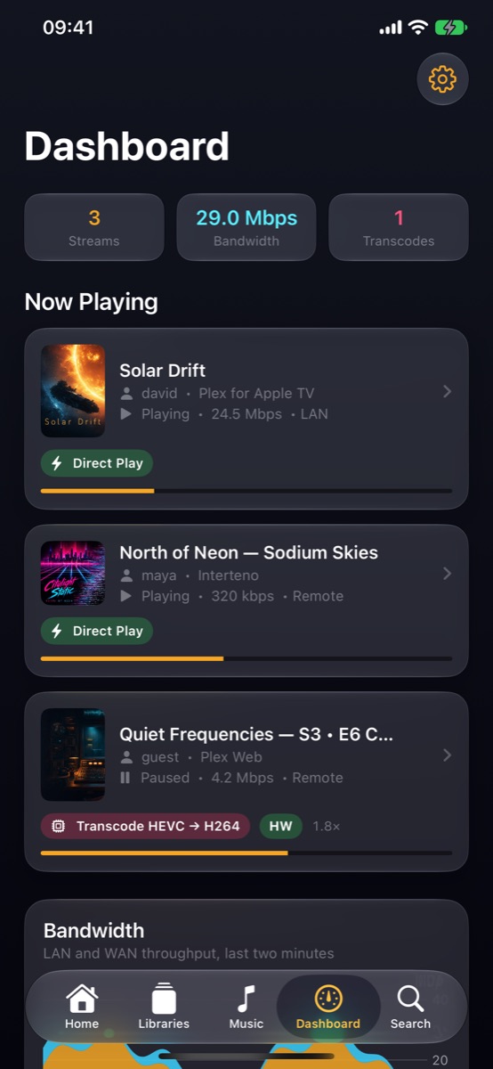 Interteno server dashboard with live activity, bandwidth and library health