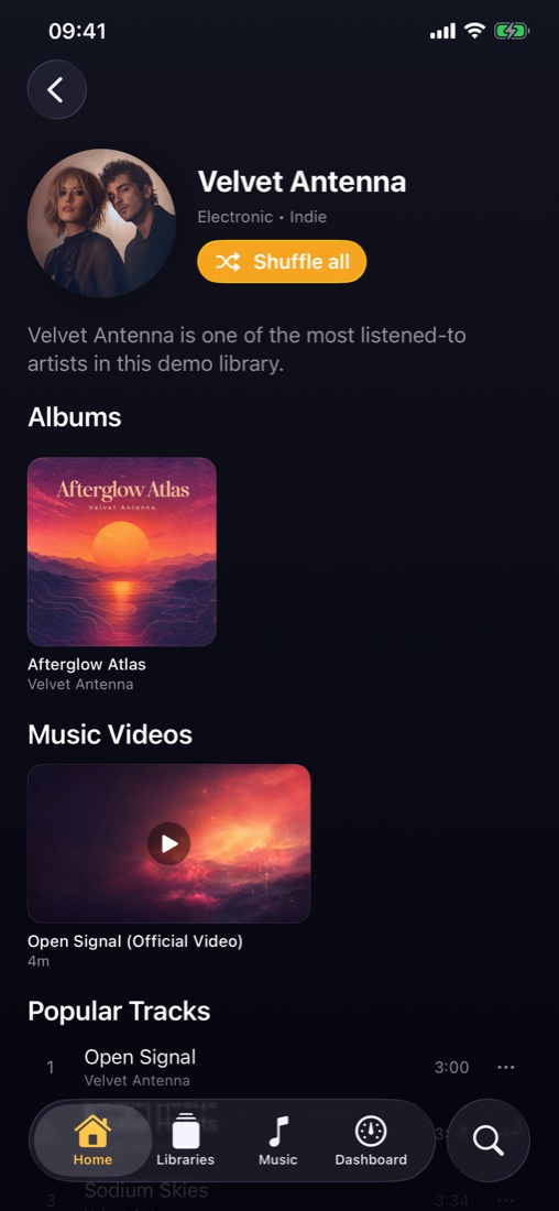 Artist page with albums, popular tracks and music videos