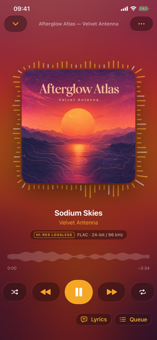 Interteno Now Playing screen with album artwork, hi-res audio badge, waveform and music controls