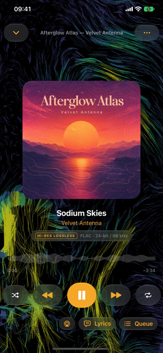 Interteno Now Playing screen with album artwork, waveform and music controls