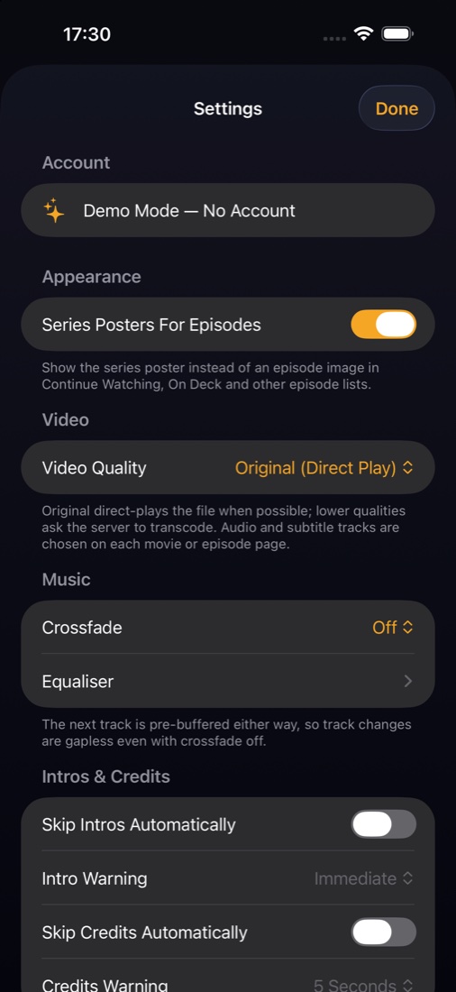 Settings screen