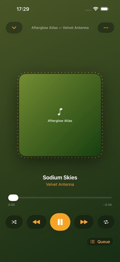 Interteno Now Playing screen with album art visualiser and music controls