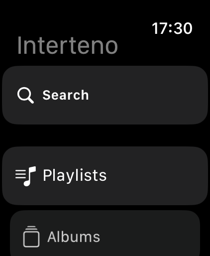 Interteno Apple Watch browse screen with Playlists, Albums and Artists
